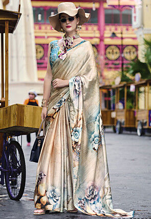 Digital Printed Crepe Saree in Cream