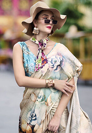 Digital Printed Crepe Saree in Cream