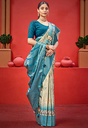 Digital Printed Crepe Saree in Cream