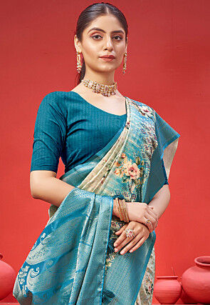 Digital Printed Crepe Saree in Cream