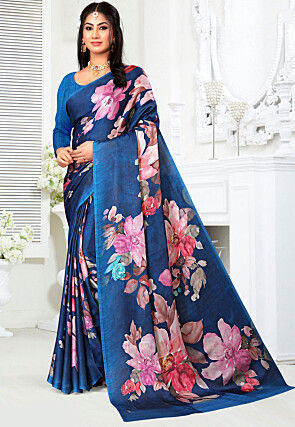 Digital Printed Crepe Saree in Dark Blue