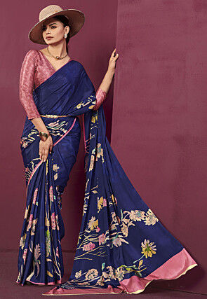 Digital Printed Crepe Saree in Dark Blue