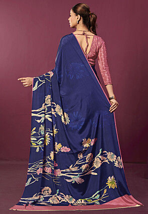 Digital Printed Crepe Saree in Dark Blue