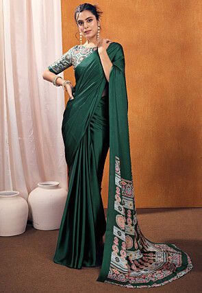 Digital Printed Crepe Saree in Dark Green