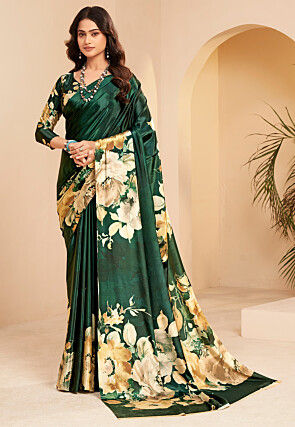 Digital Printed Crepe Saree in Dark Green
