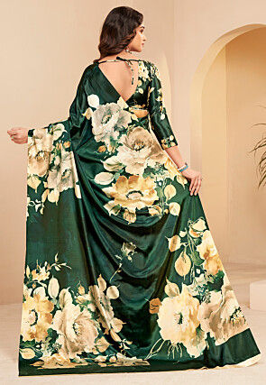 Digital Printed Crepe Saree in Dark Green