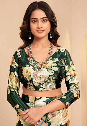 Digital Printed Crepe Saree in Dark Green