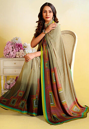 Digital Printed Crepe Saree in Dusty Green