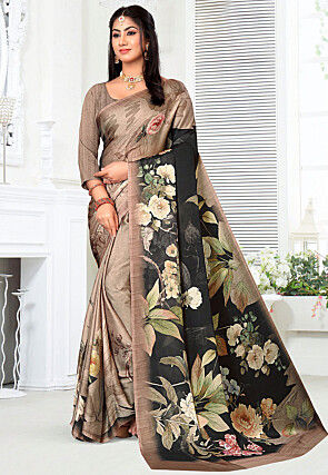 Digital Printed Crepe Saree in Fawn and Black