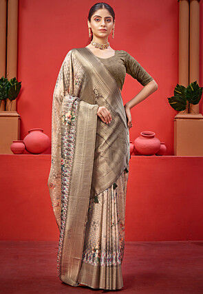 Digital Printed Crepe Saree in Fawn