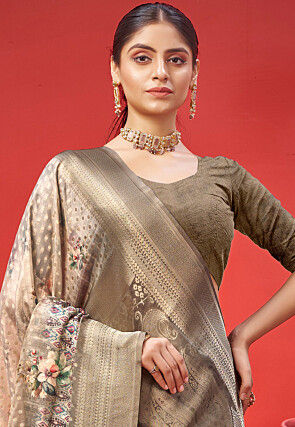 Digital Printed Crepe Saree in Fawn