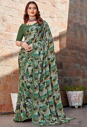 Digital Printed Crepe Saree in Green and Multicolor