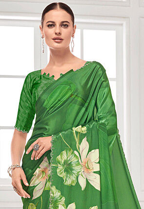 Digital Printed Crepe Saree in Green