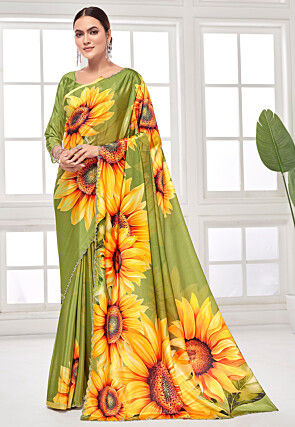Digital Printed Crepe Saree in Green