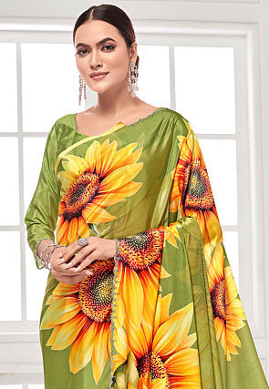 Digital Printed Crepe Saree in Green