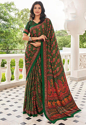 Digital Printed Crepe Saree in Green