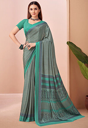 Digital Printed Crepe Saree in Grey and Green