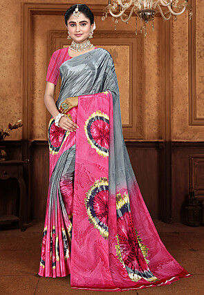 Digital Printed Crepe Saree in Grey and Pink