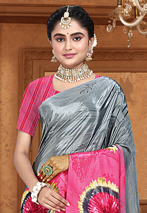 Digital Printed Crepe Saree in Grey and Pink