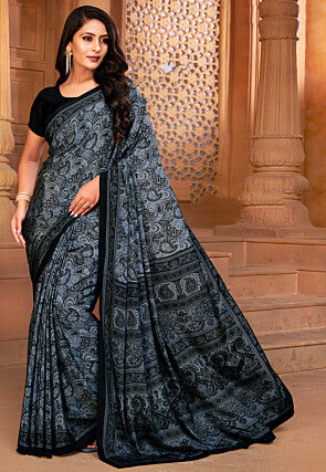 Digital Printed Crepe Saree in Grey