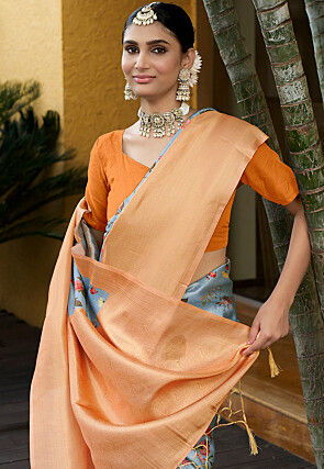 Digital Printed Crepe Saree in Grey