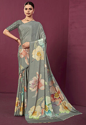 Digital Printed Crepe Saree in Grey