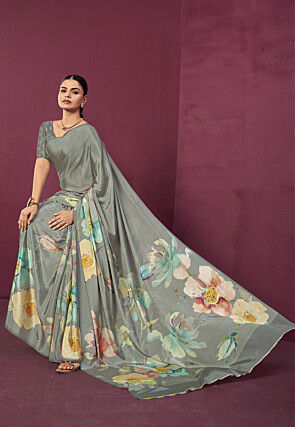 Digital Printed Crepe Saree in Grey