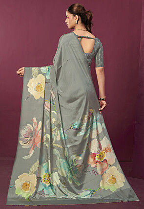 Digital Printed Crepe Saree in Grey