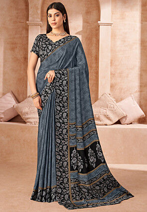 Digital Printed Crepe Saree in Grey