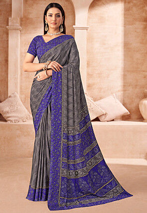 Digital Printed Crepe Saree in Grey