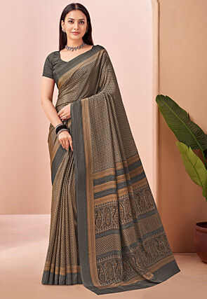 Digital Printed Crepe Saree in Grey