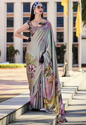 Digital Printed Crepe Saree in Grey