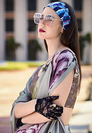 Digital Printed Crepe Saree in Grey