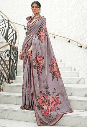 Digital Printed Crepe Saree in Grey