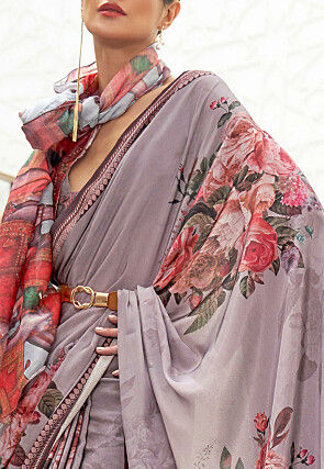 Digital Printed Crepe Saree in Grey