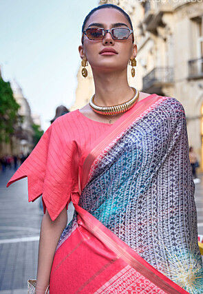 Digital Printed Crepe Saree in Grey