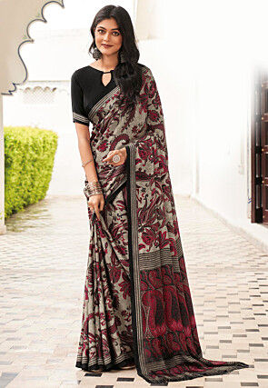 Digital Printed Crepe Saree in Grey