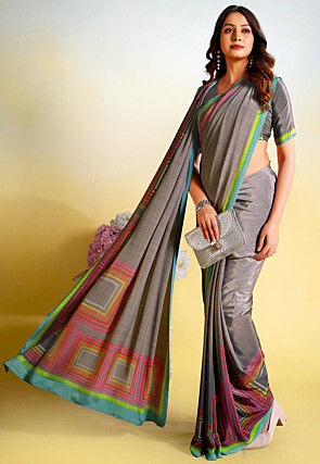 Digital Printed Crepe Saree in Grey
