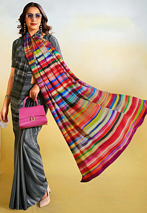 Digital Printed Crepe Saree in Grey