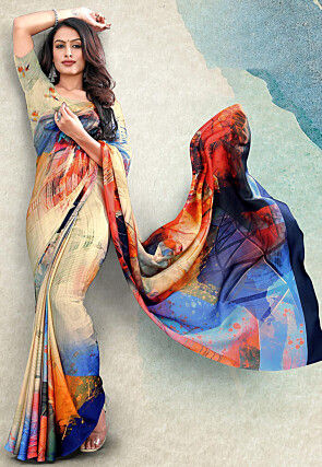 Digital Printed Crepe Saree in Light Beige and Multicolor