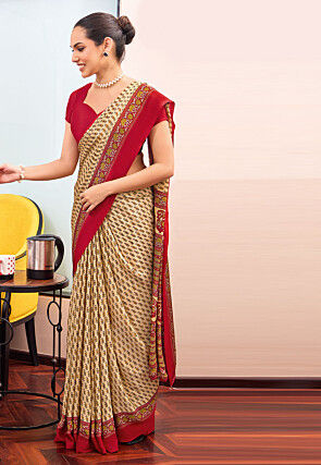 Digital Printed Crepe Saree in Light Beige