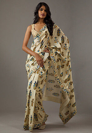 Digital Printed Crepe Saree in Light Beige