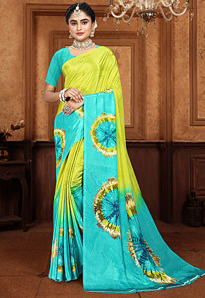 Digital Printed Crepe Saree in Light Green and Turquoise
