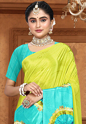 Digital Printed Crepe Saree in Light Green and Turquoise