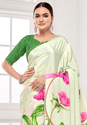 Digital Printed Crepe Saree in Light Green