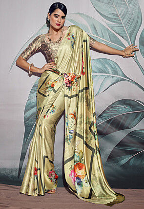 Digital Printed Crepe Saree in Light Green