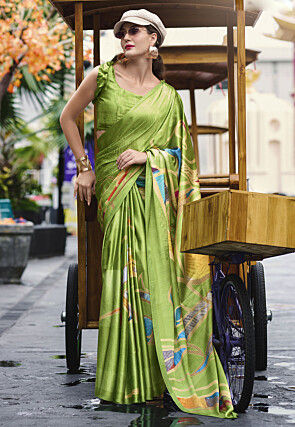 Digital Printed Crepe Saree in Light Green