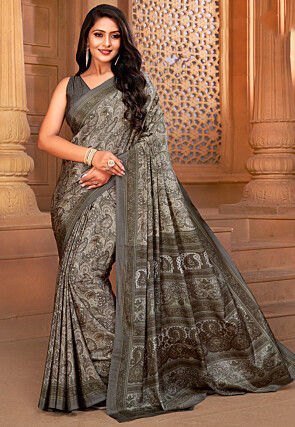 Digital Printed Crepe Saree in Light Grey