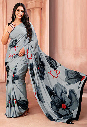 Digital Printed Crepe Saree in Light Grey
