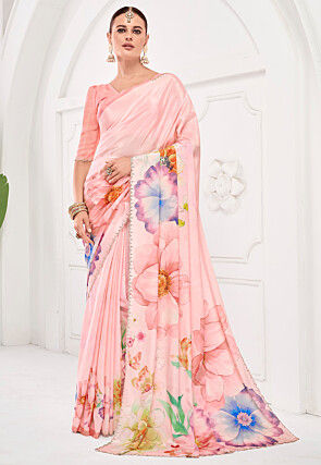 Digital Printed Crepe Saree in Light Pink